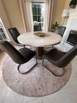 Ashley Furniture Real White Marble Round Dining Table & 4 Modern Cantilever Chairs Set