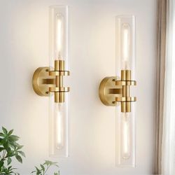 Brushed Gold Set Of 2 Bathroom Sconces Wall Lighting with Clear Glass