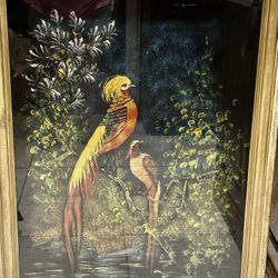 Large Vintage Reverse Glass Painting – Exotic Birds in Feathercraft Style 