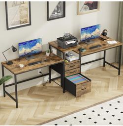 Two Person Desk with Charging Station, Long Desk with 3 Fabric Drawers and Printer Shelf, Double Computer Desk, 2 Person Writing Study Table Workstati