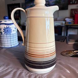 Vintage MCM Vintage Phoenix Vacuum Carafe Pitcher Thermal Hot & Cold 1.0 Liter Brown Stripes