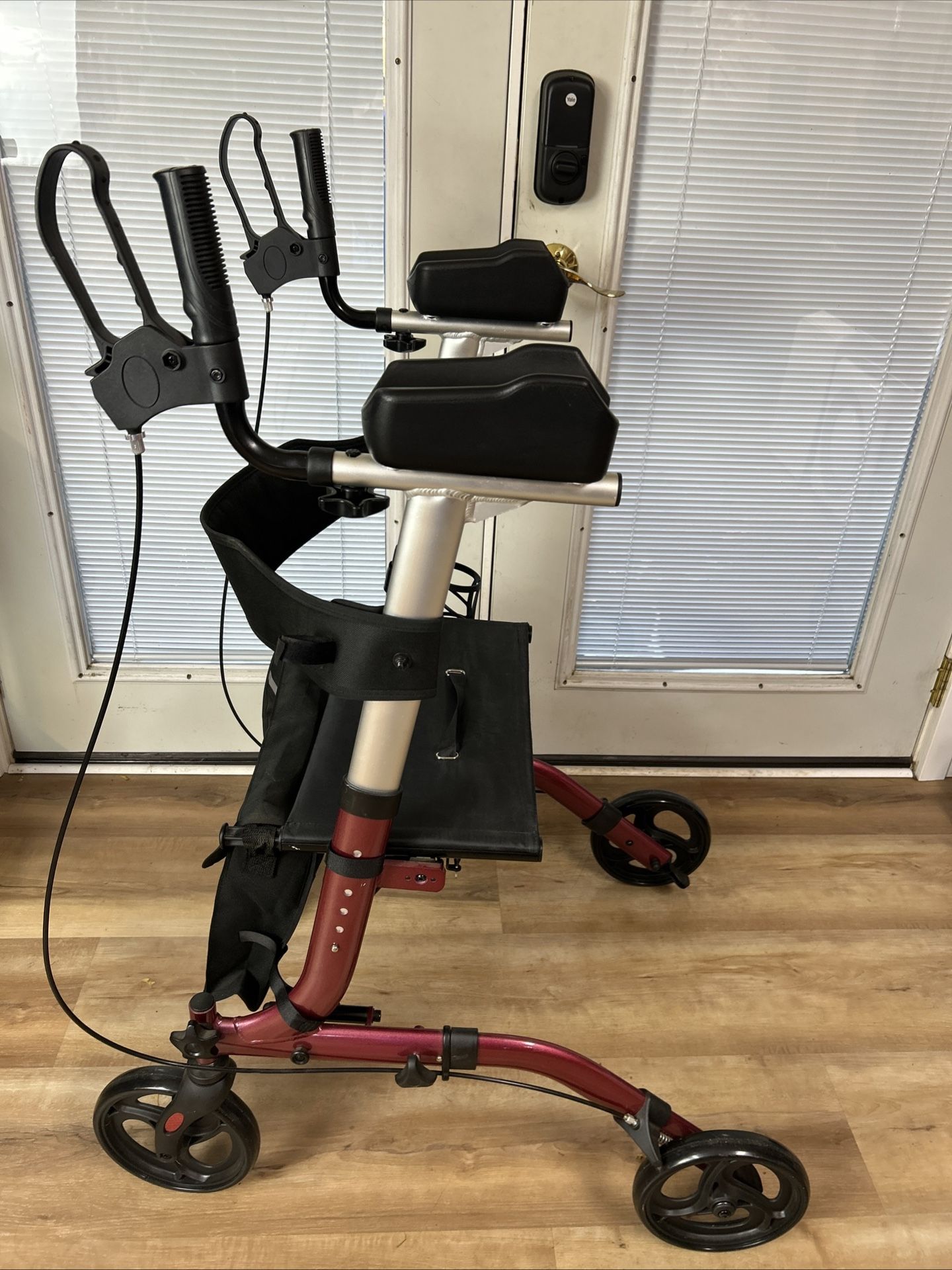 Red Upright Rollator Walker with Seat 300 lb Capacity Foldable Adjustable