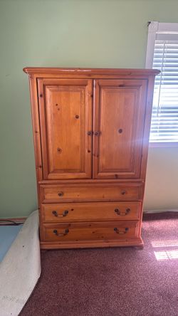 Pine Wood Armoire with Drawers