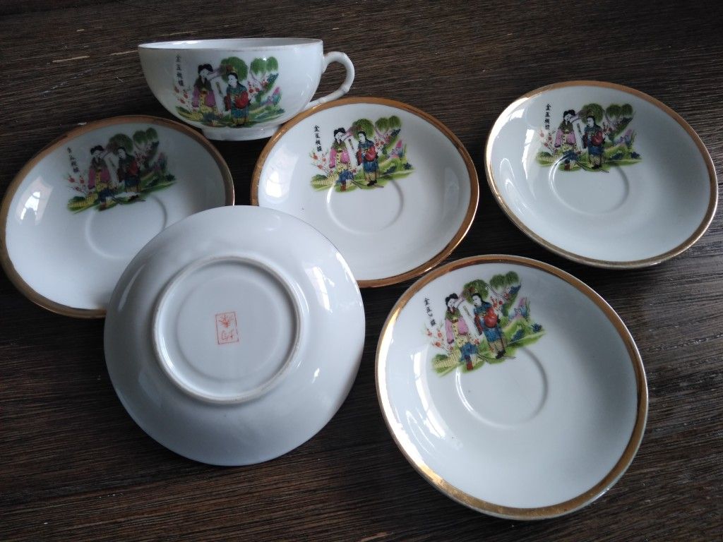Taza Y Platitos Chinos Original, Borde En Oro