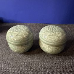 Pair of Celadon 3 Piece Porcelain Tea Caddy Pot Jars Signed Mint Condition