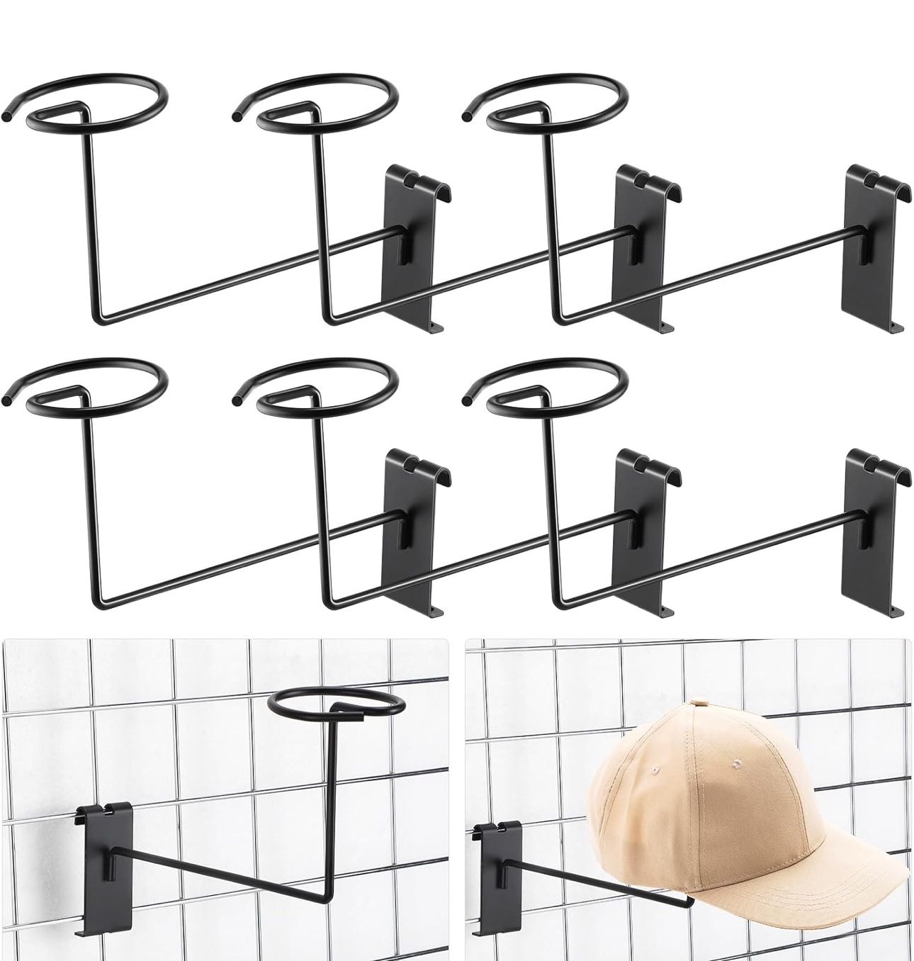 Blulu 6 Pcs Hat Displayer for Gridwall, Metal Hat Helmet Rack Retail Store Display Shelves Organizer Gridwall Hat Rack Wall Fixtures Gridwall Hooks Ac