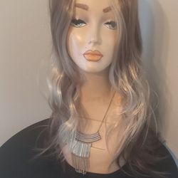 Long Ash Brown Wig With Light Blonde Highlights 