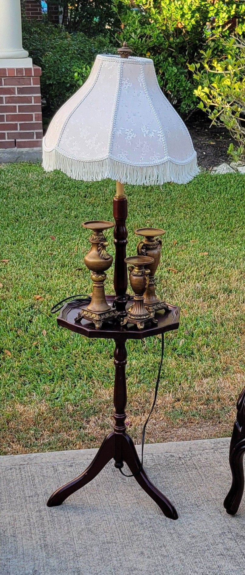 Vintage Walnut Standard Floor Lamp W/ a Fringed Shade & a Built-In Hexagonal Table and Tripod Legs W/ 3 Ornate, Antique-Finish Pillar Candle Holders 