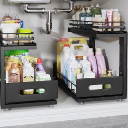 2 Tier Metal Under Sink Organizer Shelves Storage with Pull Out Basket New Condition