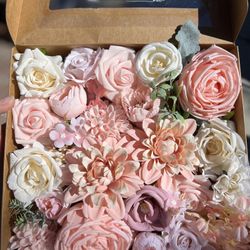 Box of Pink and Ivory Artificial Flowers Roses, Dahlias, for DIY For Party Centerpieces, Event Decoration 