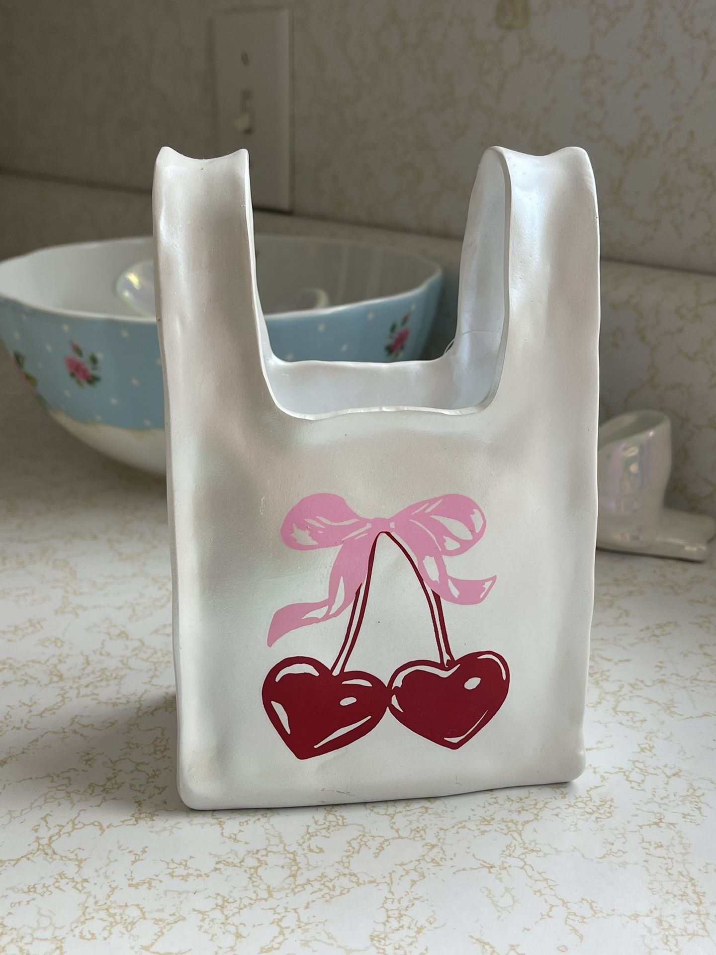 Heart Cherry Bow Coquette Pink Red Shopping Tote Bag Trinket Dish Bowl New!