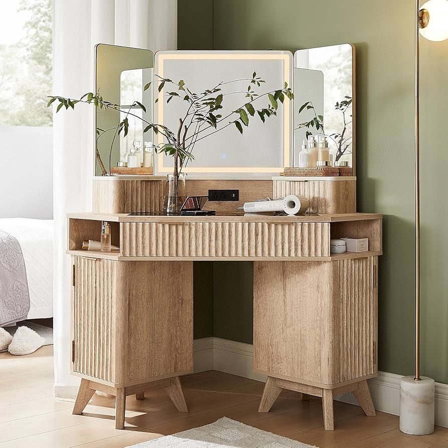 Grooved Makeup Desk with 3-Way Mirror and Lights, 48 Inch Large Corner Vanity Table with Glass Top, Charging Station, 3 Drawers, Dressing Table Cabi