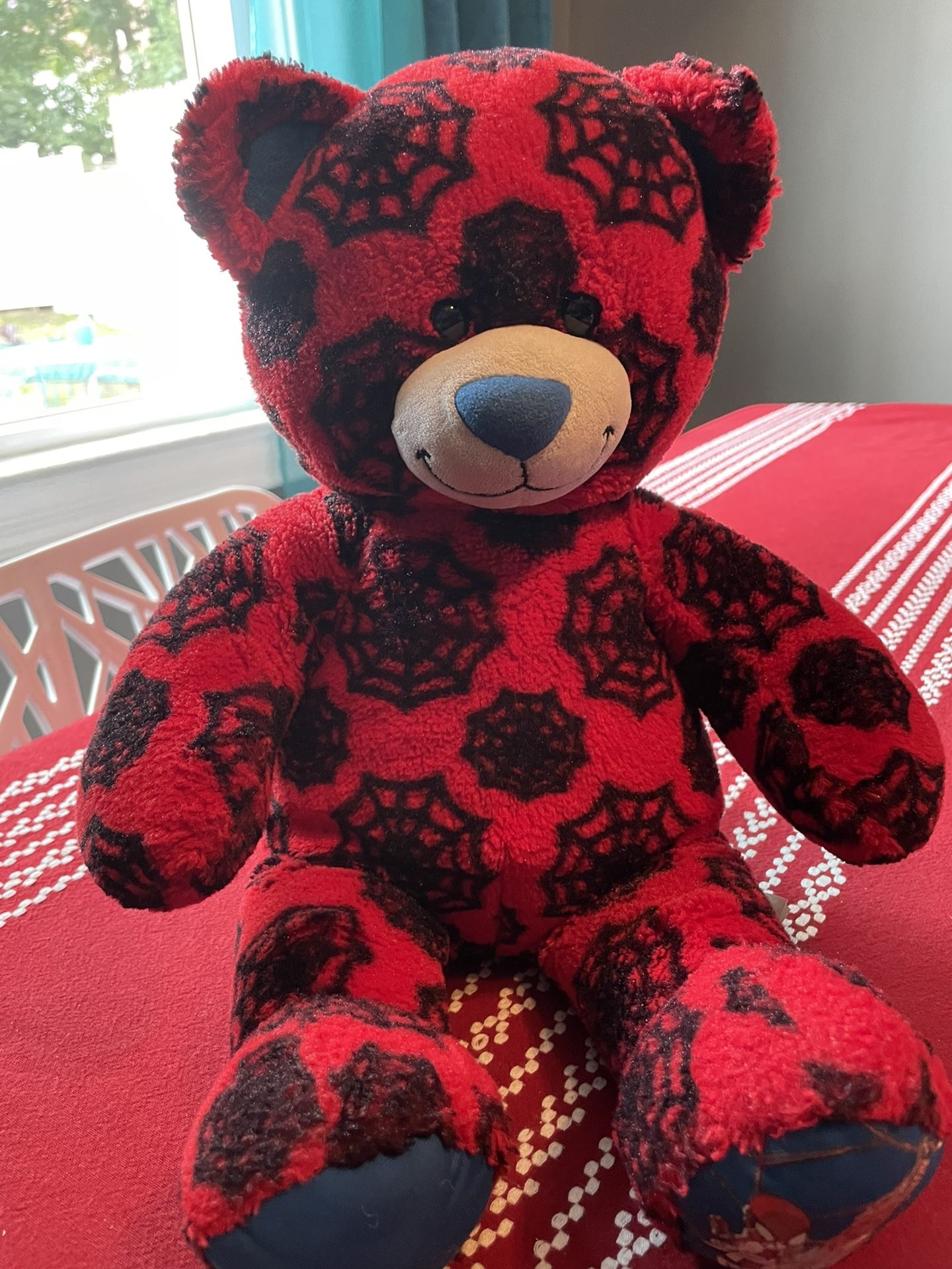 Build a Bear Marvel Spiderman Teddy 17" Red Black Stuffed Plush Spider Web Print