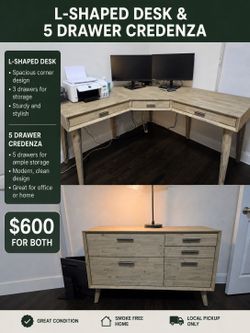Modern L-Shaped Desk + Matching Credenza – Excellent Condition