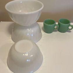 3vintage Swirl Fire Kind Bowls Set/2 Jadite Green Coffee Mugs 