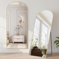 Arched Mirror Full Length, 64"x21" Body Wall Mirrors with Shatter-Proof Glass, Upgraded Floor Standing Mirror, Hanging or Leaning, with Stand Aluminum