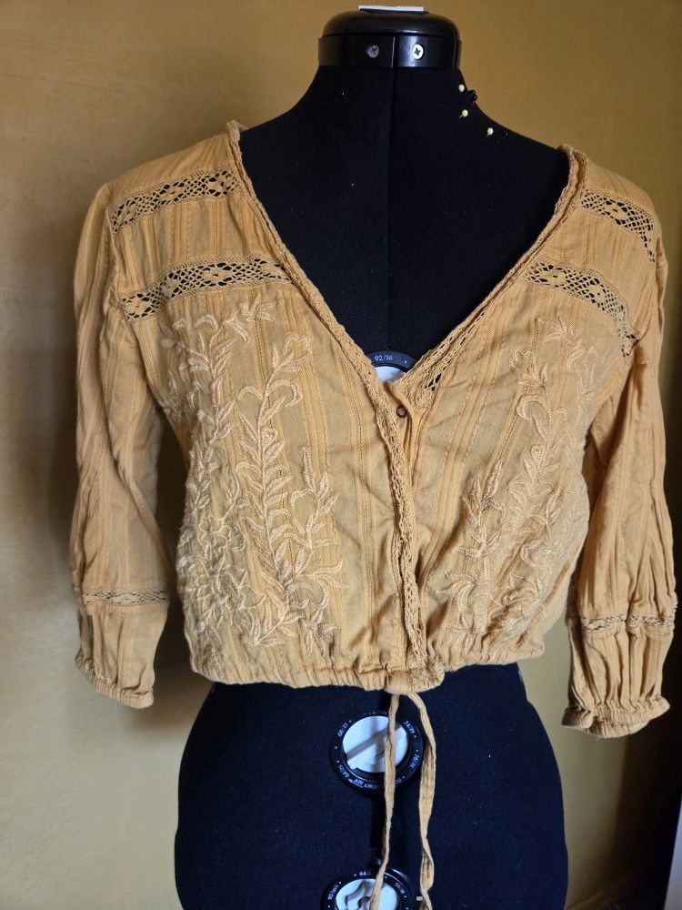 Free People Follow Your Heart Golden Yellow Embroidered Crop Top (L)