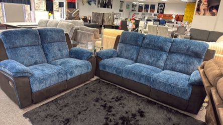 🔥 Luxury Blue Microfiber Reclining Sofa & Loveseat Set – 4 Recliners, New! 🔥