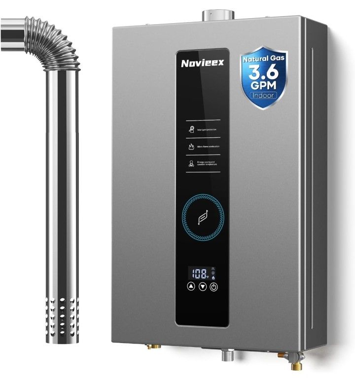 🔥brand new🔥Tankless Water Heater, Novieex On Demand Water Heater Natural Gas, Up to 3.6 GPM, 86,000 BTU Instant Hot Water Heater with LED Display, I