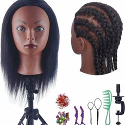 Real Hair Braiding Mannequin Head for Practice, African American Training Doll Head with Hair