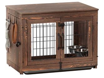 L size Piskyet Wooden Dog Crate Furniture with 360°Rotatable Removable Dog Bowls, Dog Crate End Table with Tray, Double Doors Dog Kennels for Dogs(M:3