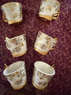 NIB 6 ANTIQUE TURKISH GREEK ARABIC COFFEE ESPRESSO CUPS GOLD ENGRAVED SET IN GOLD METAL BUTTERFLY SETTINGS