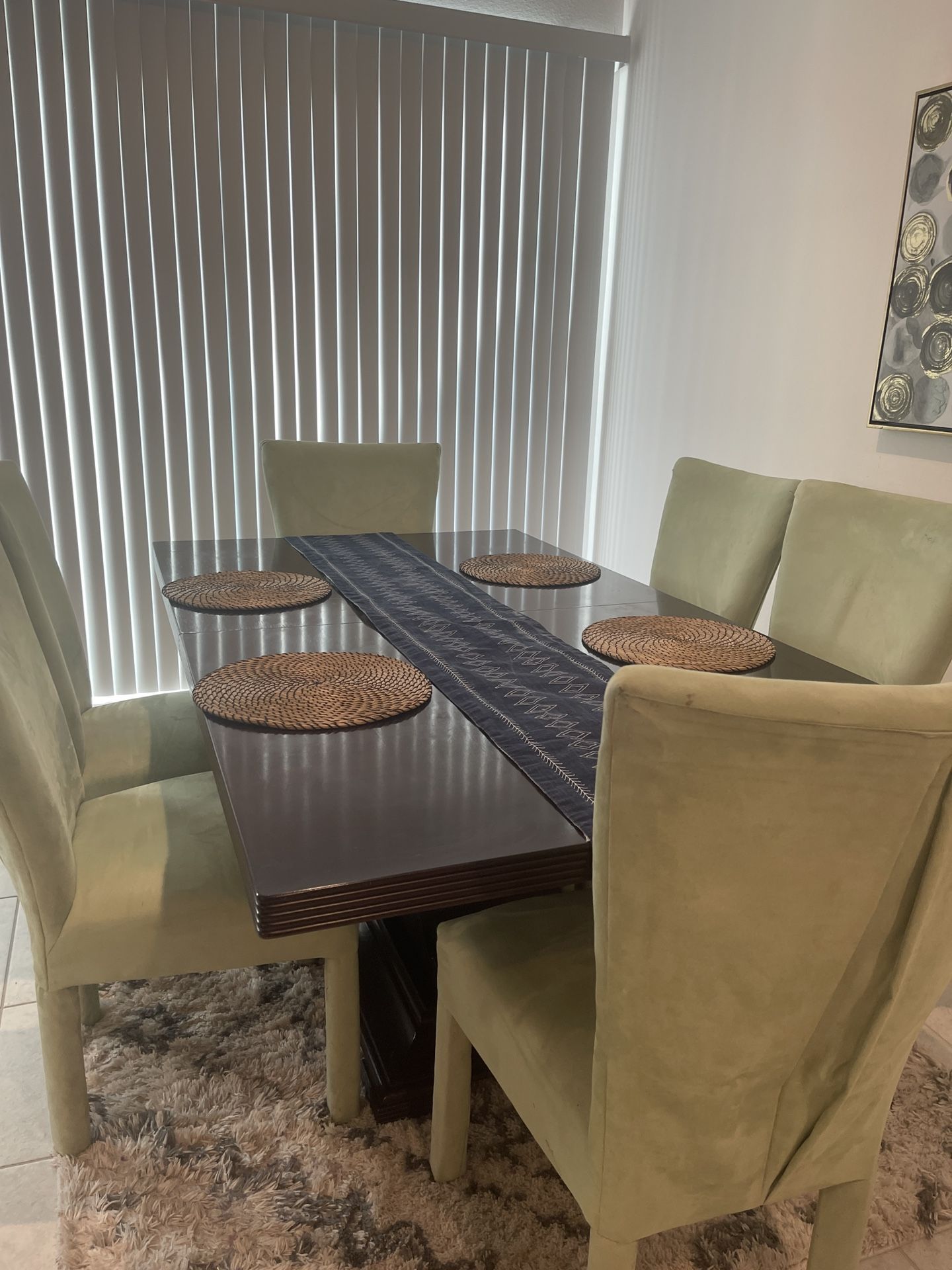 Wood Dining Table + 6 Green Velvet Chairs