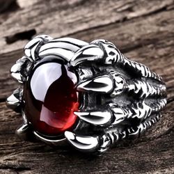 Rare Gothic Ring , Mens Punk Dragon Claw Statement Ring - Punk Bold Black and Red Stone Accents - Unique Jewelry Rings for Edgy Fashionistas Emo 