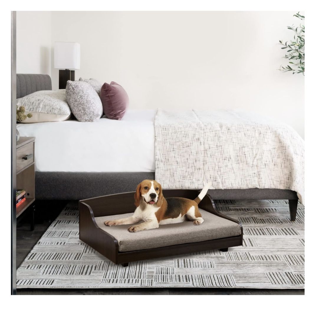 Curipeer Pet Couch Sofa Bed for Cats and Small Dogs, Espresso Wooden Frame with Foam Cushion, Classy Traditional Style Elevated Cat Bed Cat Furniture