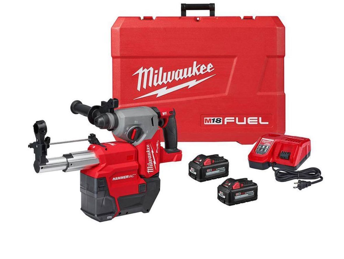 Milwaukee M18 FUEL 18V Lithium-Ion Brushless 1 in. Cordless SDS-Plus Rotary Hammer/Dust Extractor Kit, Two 6.0 Ah Batteries