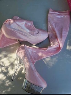 7.5- 8 Pink Iridescent Platform Stiletto Thigh-High Boots