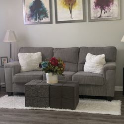 Sofa with 2 Block Ottomans & Recliner Chair