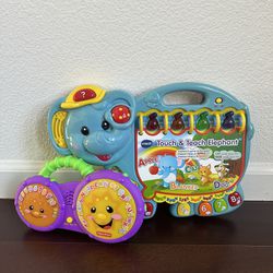 Dual listing: VTech, Touch and Teach Elephant, ABC Toy for Toddlers AND Fisher Price Laugh & Learn Bathtime Bongos Light Up Drums ABCs Numbers Music
