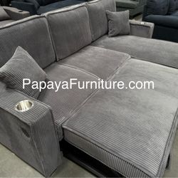 New L Shape Sectional Sofa And Storage Chaise Pullout Sleeper Bed Dark Grey Fabric USB Port Cup Holder Big Furniture Sale Discount Couch Seccional 