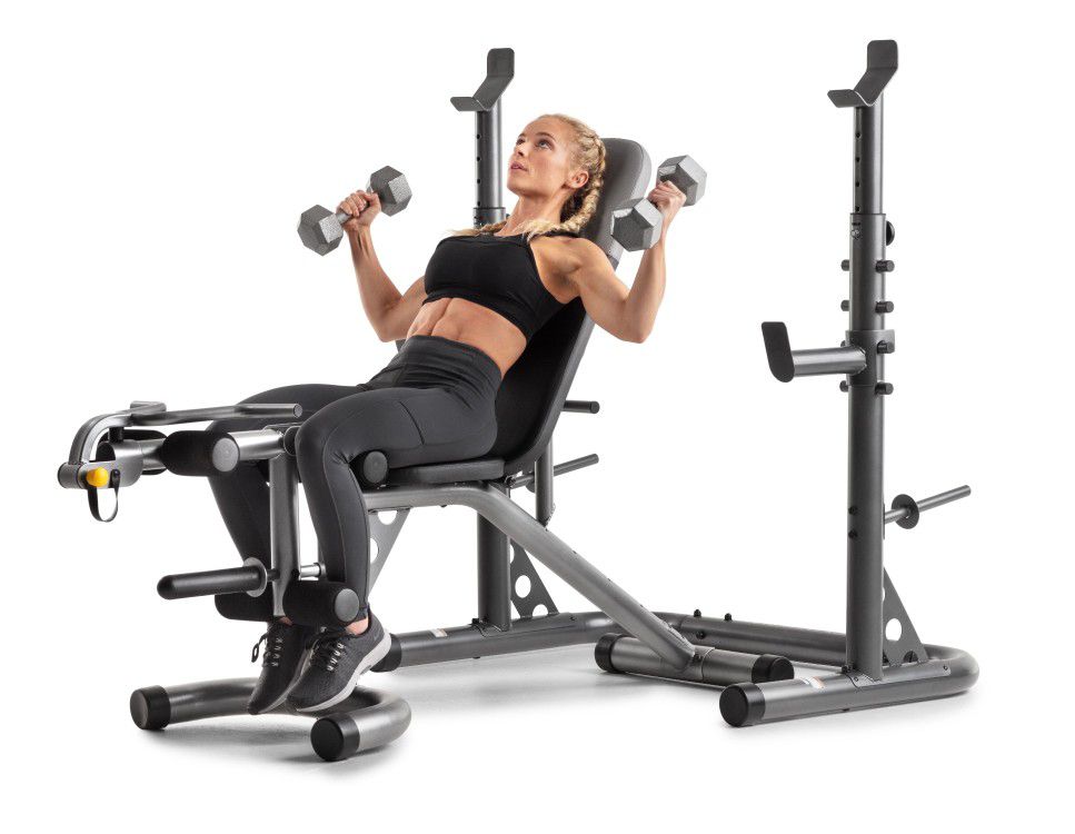 Olympic Weider XRS 20 adjustable Olympic workout bench with independent squat rack and preacher curl