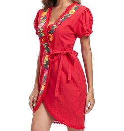 Women's Mexican Floral Embroidered Wrap Dress V Neck Short Sleeve size medium-large