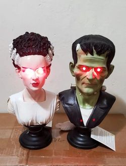 Frankenstein Monster and Bride Light Up Busts Set Halloween Decor