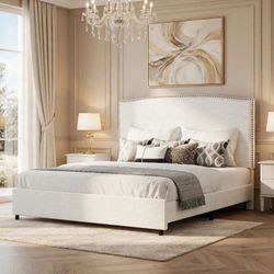 Full Size Bed Frame with 56" Tall Headboard Semicircular Arch Design, Rivet-Trimmed Frame, No Box Spring Needed