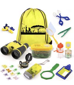 Kids Explorer Kit, 32 PCS Outdoor Adventure Camping Kit & Bug Catcher Kit with Drawstring Bag, Binoculars, Compass, Butterfly Net, Educational Nature 