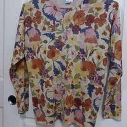 Vintage Metallic Floral Sheer Top Women Small Silk Shimmer Boho Y2K Lightweight Long Sleeve Blouse
