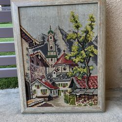 Vintage Framed Gobelin needlepoint canvas