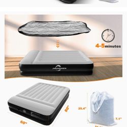 Queen Air Mattress with Built-in Pump/USB Rechargeable Detachable, JHUNSWEN 16" Raised Durable Inflatable Queen Air Mattress Built-in Pillow for Campi