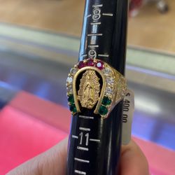 14k Gold Mens Religious Horseshoe Ring w Gemstone Flag Design