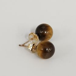 14k Yellow Gold Tiger's Eye Round Ball Stud Earrings
