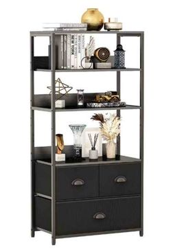 Black Bookshelf with Fabric Drawers