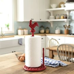 Cast Iron Red Rooster Paper Towel Holder Stand Country Kitchen Farmhouse Decor Nice!
