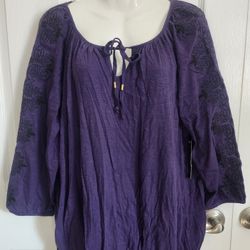 NWT French Laundry 3/4 Embroidered Sleeve Pullover Lace Up Top Shirt Purple 1X