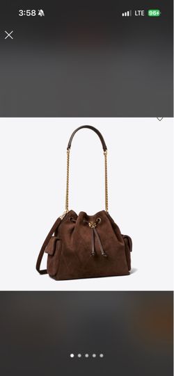 NWT Tory Burch Charlie Quilted Suede Drawstring Shoulder Bag Cocoa