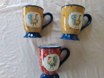 Farmhouse rooster mugs- set of 3, by Certified International, "Morning Bloom" pattern