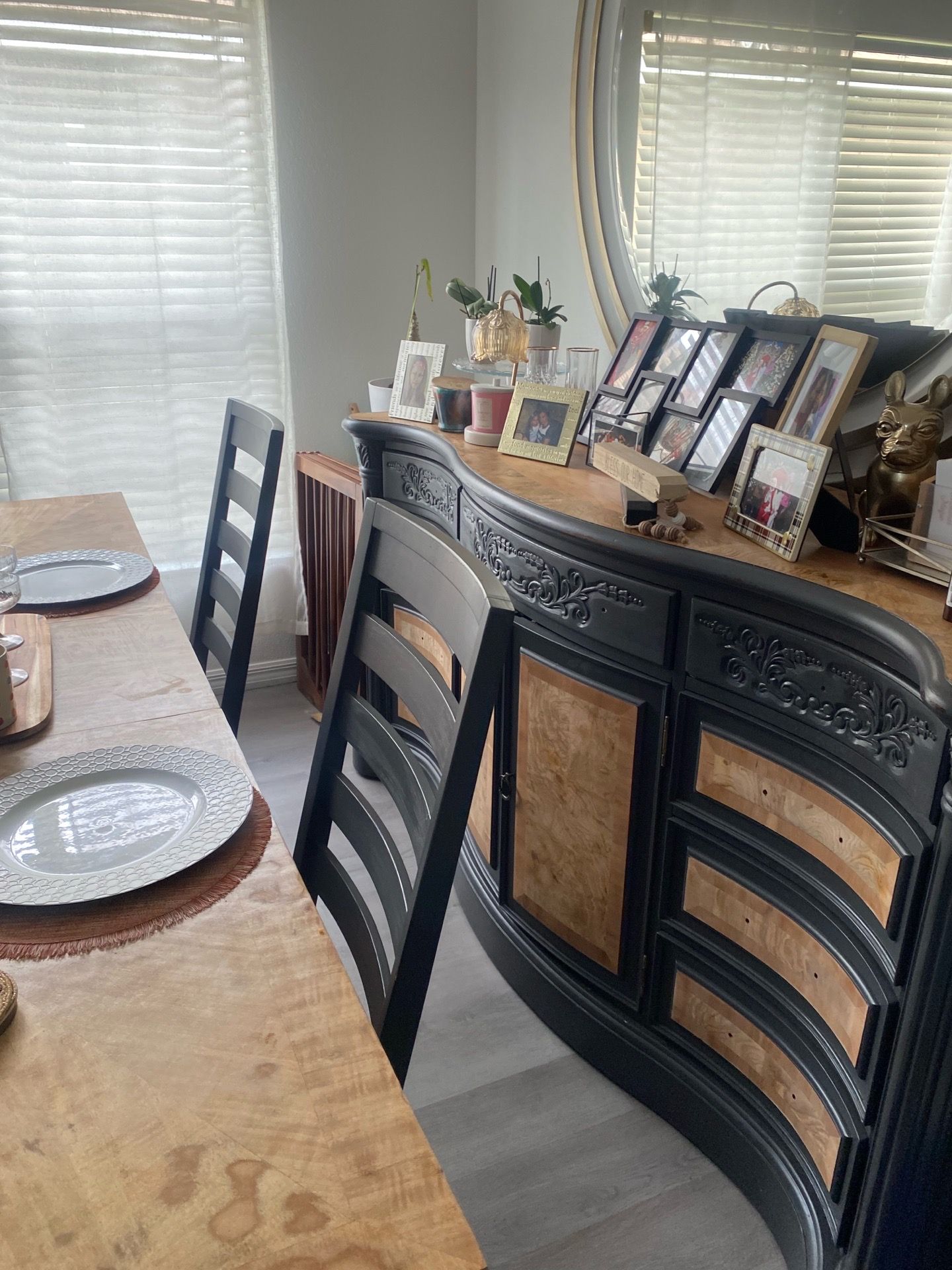Dining table and buffet sets featuring black legs and warm wood tops